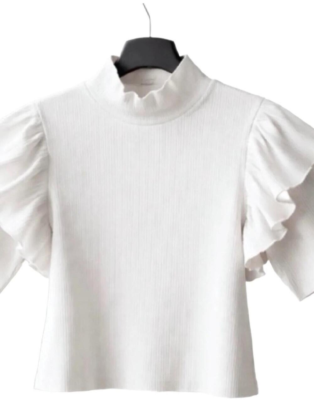 Zara Off-White Ribbed Mock Neck Top with Ruffle Sleeves - Picture 2 of 4